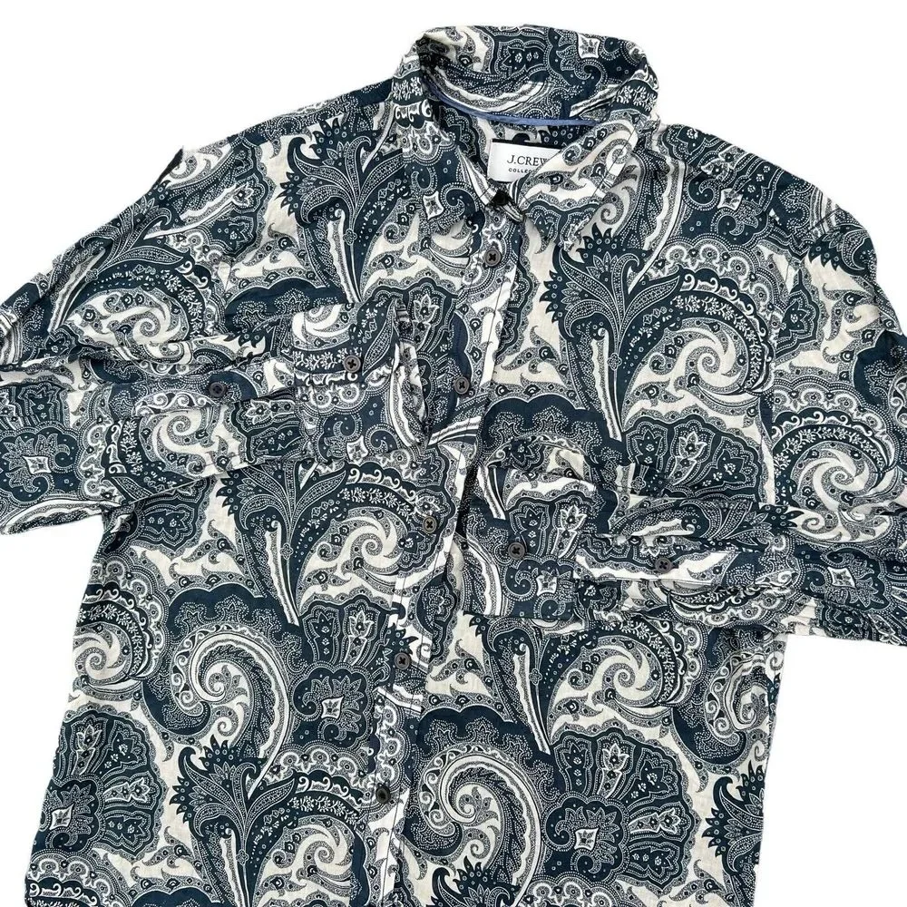 J Crew Collection Shirt Womens Size 2 Button Up‎ Blouse Blue Paisley Long Sleeve - Picture 2 of 14